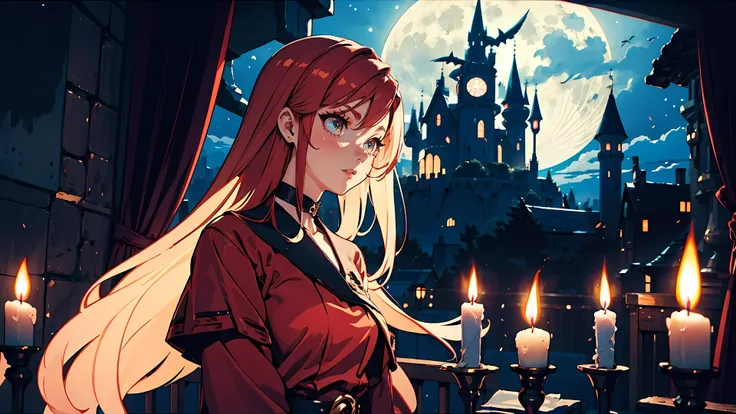 ((1girl)), long red hair, choker collar, long red dress,  gothic castle, night, nighttime, one moon, moonlight, candles, candlelight, dramatic lighting, cinematic lighting, 