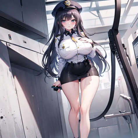 (solo), (1 policewoman), very tight miniskirt, thigh gap, highheels, narrow shoulders, (bursting disproportionately huge breasts), narrow waist, skinny long legs