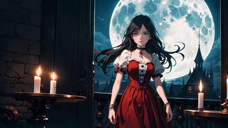 ((1girl)), long black hair, choker collar, bracelets, long Victorian style red dress, standing, cowboy shot, gothic castle, night, nighttime, one moon, moonlight, candles, candlelight, dramatic lighting, cinematic lighting, 