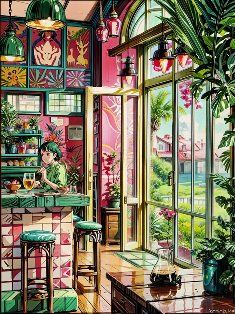 a cartoon kitchen filled with lots of green plants, cozy cafe background, fantasy bakery interior setting, illustrated starbucks interior, art nouveau jungle environment, an illustration of a bar/lounge, detailed backgrounds, solarpunk cantine, cafe interi...