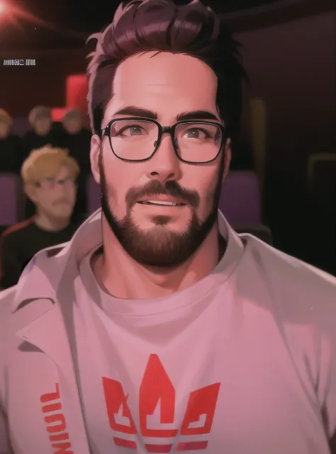 there is a man with glasses sitting in a theater with people, twitch streamer / jogador ludwig, taken at the beginning of 2020, twitch streamer, imagem de qualidade muito baixa, foto do perfil 1024px, jody grande apostador, Douglas Walker, tirada no final ...