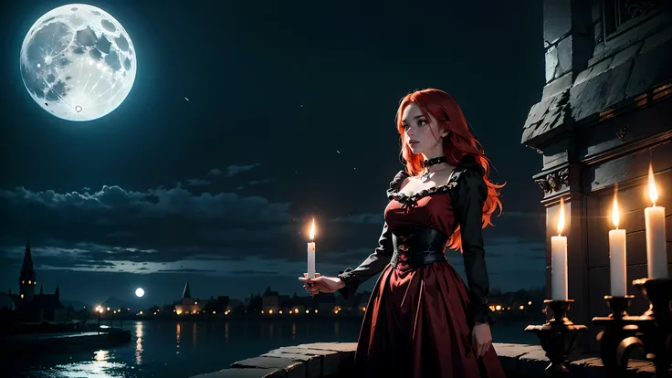 ((1girl)), long red hair, choker collar, bracelets, long Victorian style red dress, standing, cowboy shot, gothic castle, night, nighttime, one moon, moonlight, candles, candlelight, dramatic lighting, cinematic lighting, 