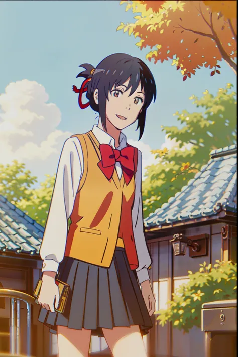 miyamizu_Mitsuha,,(smile),yellow , white shirt, black school skirt, outdoor,(light:1.2),(sun:1.2),(blue sky:1.1), garden,flowers,grass,wood,