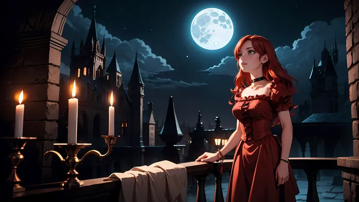 ((1girl)), long red hair, choker collar, bracelets, long Victorian style red dress, standing, cowboy shot, gothic castle, night, nighttime, one moon, moonlight, candles, candlelight, dramatic lighting, cinematic lighting, 