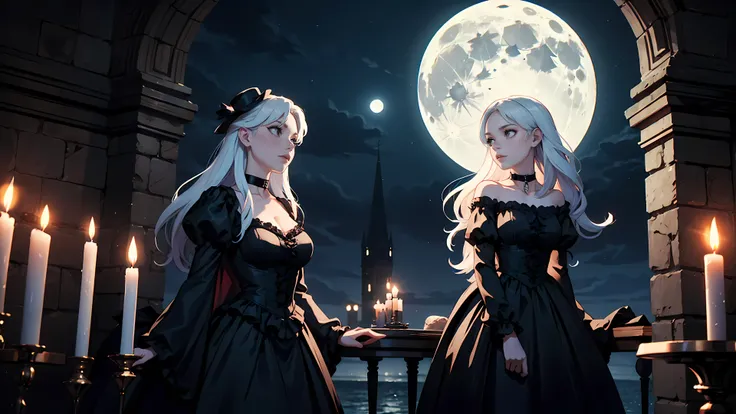 ((1girl)), long white hair, choker collar, bracelets, long Victorian style black dress, standing, cowboy shot, gothic castle, night, nighttime, one moon, moonlight, candles, candlelight, dramatic lighting, cinematic lighting, 