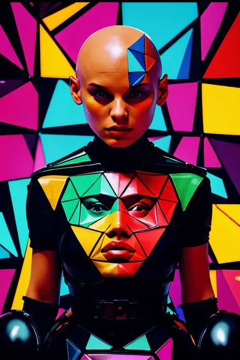 polygonal bald girl, colourful caleidoscope psychedelic background