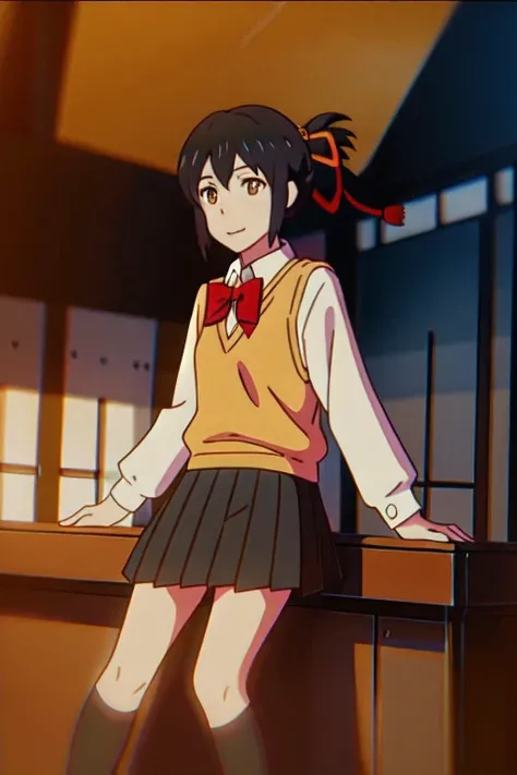 miyamizu_Mitsuha,(lower body),(smile),yellow , white shirt, black school skirt, black knee socks,
