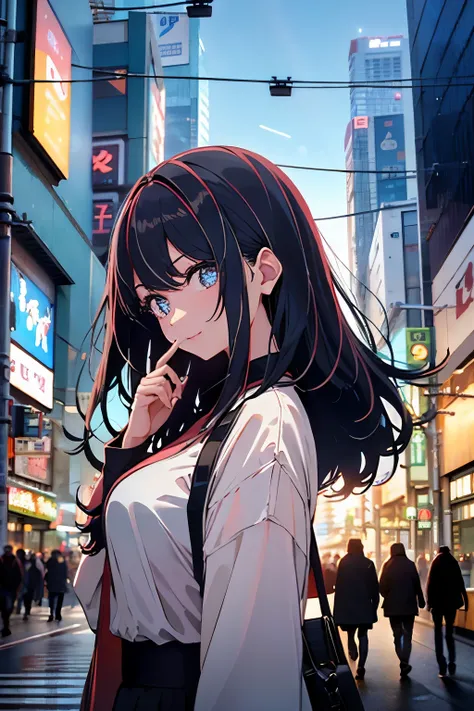 A black-haired girl, styled in long locks, stands confidently on the bustling streets of Tokyo. The Tokyo Sky Tree looms in the background, its movie texture blending seamlessly with the vibrant cityscape. Her big eyes, full of curiosity and excitement, ta...