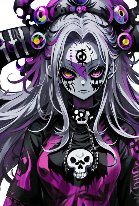 anime zombie voodoo priestess design, crossbones, calaveras, streetwear design, rastas, pro vector, estilo de terror, complete d...