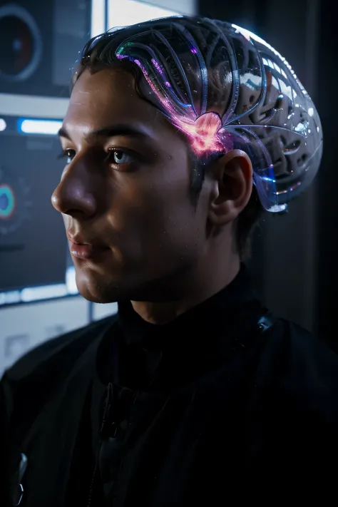 Big hologram brain in place of head, of a male body and realistic head 