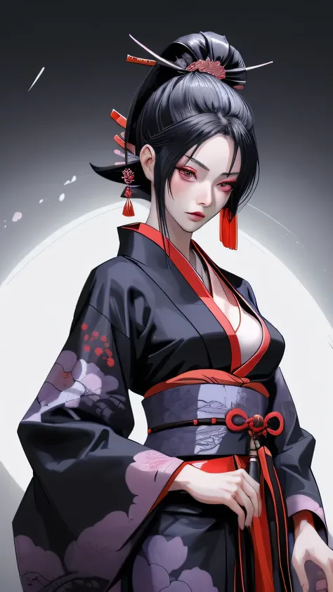 Mujer japonesa con katana, Samurai, tatuaje en el cuerpo, hermosa, rostro detallado, cuerpo completo, kimono sexy corto, ojos lindos, anime