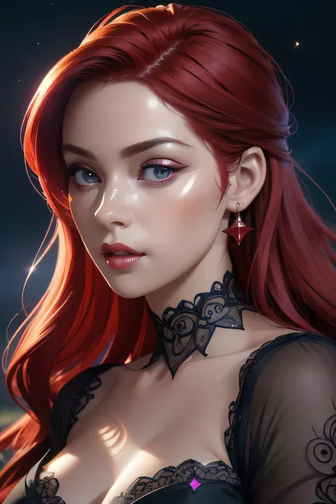 portrait shot, ((vivid red hair)), mature woman, 30 years old, diamond face, moonlight, red starry sky background, depth of field, magic, big red lips, ((dark black eyes)) black and red long and full dress, covered chest, mystical atmosphere, ominous shado...