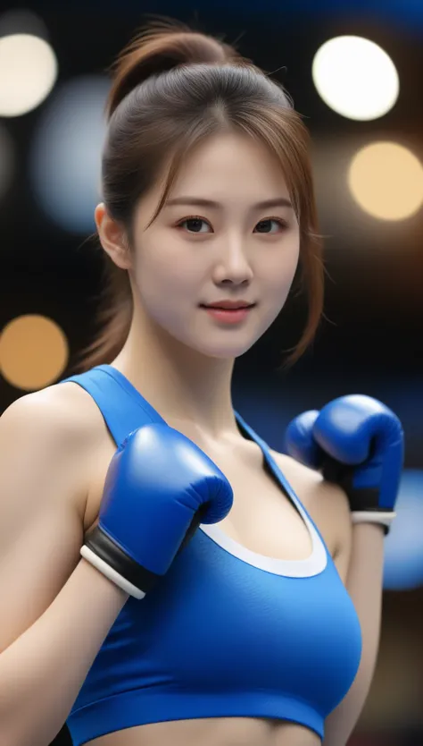 Close-up shot of beautiful korean female, 34 inch breasts size, high ponytail , slightly smile, wearing crop blue boxing tank top, showig  fist with boxing gloves, on boxing stage bokeh background, UHD