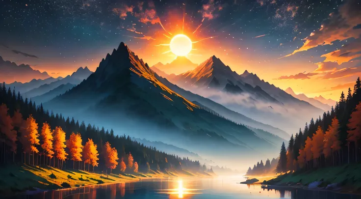 dusk, river bank, sky full of stars, sunrise orange sun, mountain, distant mountain, outline, beautiful scenery，forest