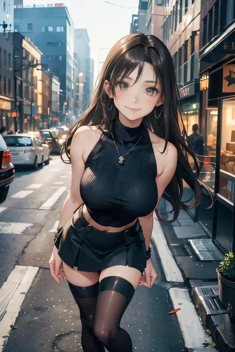 (Black Turtleneck Sleeveless Knit)、Denim Mini Skirt、20 year old girl, breasts of medium size,, Puffy nipple、Forward bends with emphasis on the chest、brown haired、Long Wave Hair,In the city of the city, I look up and look good.、a necklace、Earring、knee high ...