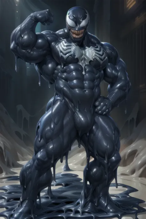 (Melting:1.7),(black skin:nude),(black symbiote latex suit),abs close up, best quality, symbiote slime pit background, muscular male, big muscles,open mouth, (by ross ,by null-ghost, by thebigslick, by darkgem, by honovy),((hand at hip,flexing ))