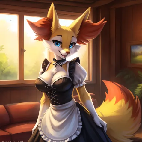 by fluff-kevlar, by Zackary911, by Kenket, by Kilinah, by fluff-kevlar, (masterpiece), (best quality), (anthro furry:1.3, snout:1.2, anthro:1.3, furry:1.2, solo female:1.2), (big breasts, not visible cleavage), solo, maid, maid outfit, full body, (happy ex...