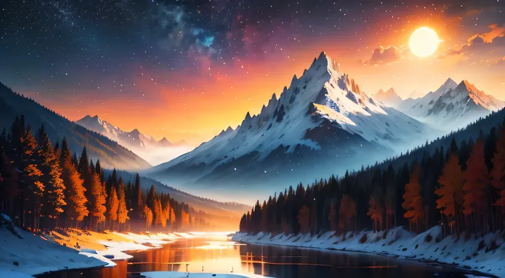 dusk, river bank, sky full of stars, sunrise orange sun, snow mountain, distant mountain, outline, beautiful scenery，forest