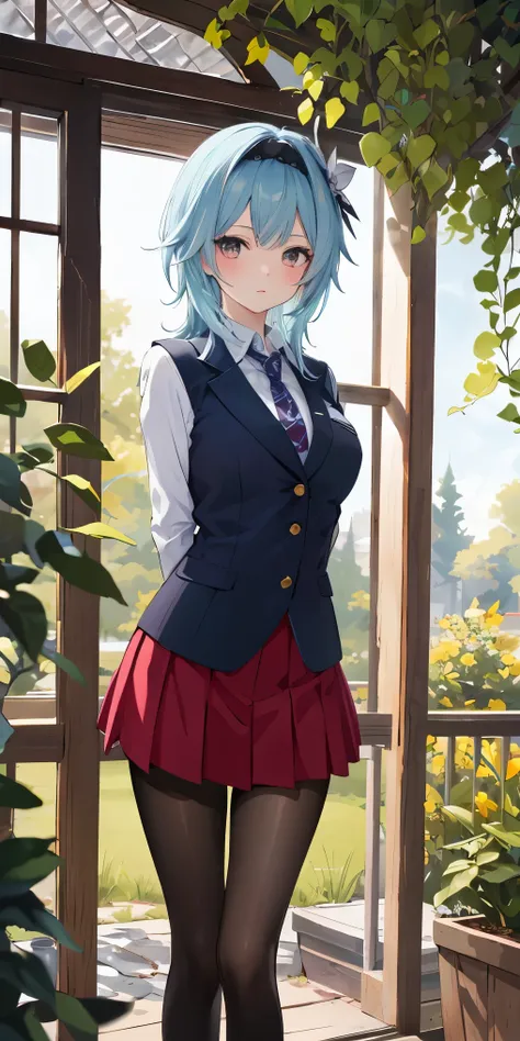 1girl,
BREAK (school uniform, blazer, necktie, red skirt, pantyhose:1.2),
BREAK standing in a large alcove in the room , standing in front of a window ,arms behind back,
BREAK ball gown, in the garden of trees, wedding decorations, 
BREAK ((top quality, 8k...