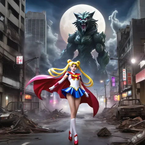 highres,realistic,a magically gigantic sailor moon,tattered uniform,terrified screams,flees,godzilla,battered tokyo,desolated ci...