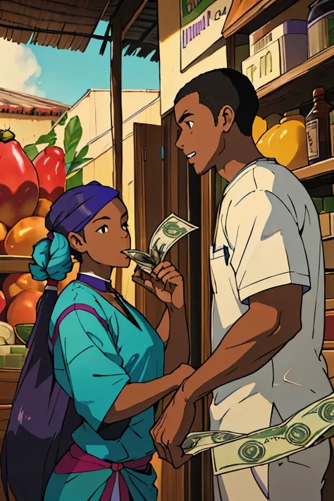 ((Two guys)),((one African man with a blowing money in air)) , on ((left)) ((another one)) ,  ((one African man holding big eggplant)) on the ((right)) ((separated)) by ((sexy woman))in between.