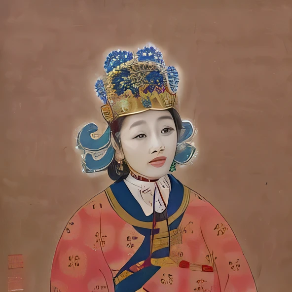 painting of a woman in a red dress with a blue crown