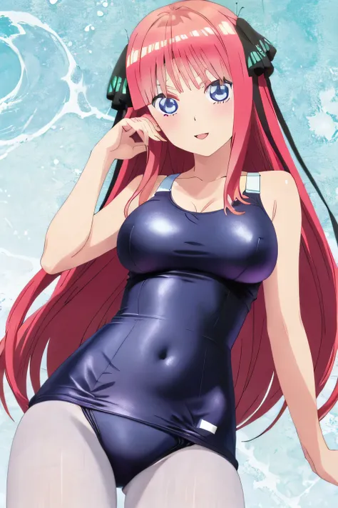 best quality, ultra-detailed masterpiece, anime art style, cute characters, nino nakano, one-piece swimsuit, breasts, pantyhose