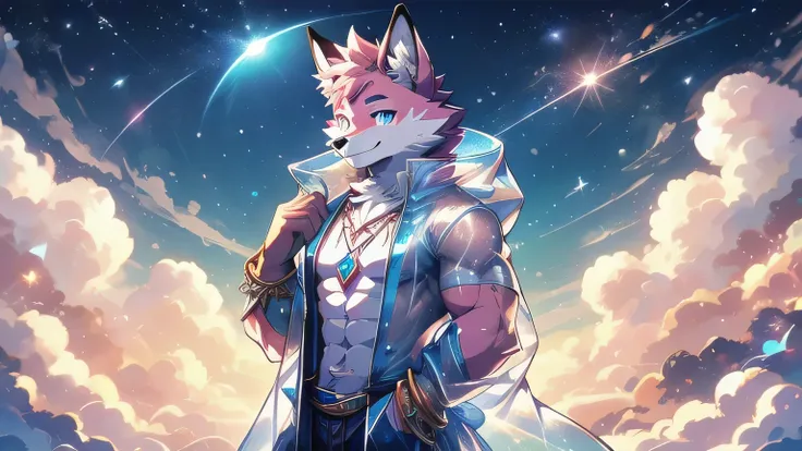 Anthropomorphic fox, In good condition, Pink fur, alone, (Exquisite details), white, Smile, Handsome, OK, transparent raincoat, On the clouds, Candy clouds, Star magic, canine, male, giggle, (Slim, muscular, exquisite eyes), necklace, full-body shot