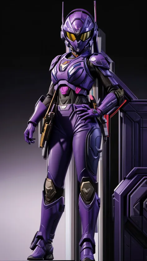 (best quality,4k,8k,highres,masterpiece:1.2),ultra-detailed, armored female trooper, violet colored armor, helmet themed after a...