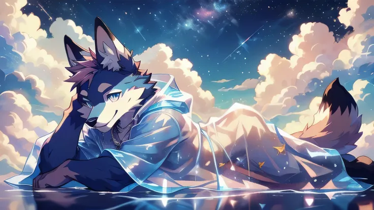 Anthropomorphic fox, In good condition, Pink fur, alone, (Exquisite details), white, Smile, Handsome, OK, transparent raincoat, lying on the clouds, Candy clouds, Star magic, canine, male, giggle, (Slim, muscular, exquisite eyes), necklace, full-body shot