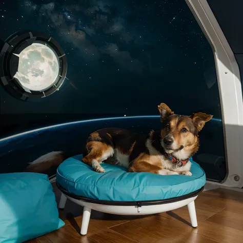 Un perro flotando en el espacio comiendo una estrella y alas