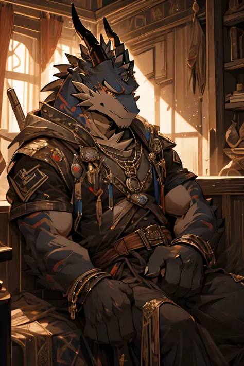 furry，dragon，black scales，lie on the floor，covered in wounds，damaged clothes，desperate expression，Blood，muscular，Strong，Rich in details，