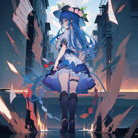 (masterpiece),best quality, expressive eyes, perfect face, 1girl,
 hands on waist,beautiful, gorgeous,anime,girl,lora,hinanawi tenshi, blue hair, blue haired, floating clothes,waist grab, grabbing waist, mains sur les hanches , hands on hips,flat chest