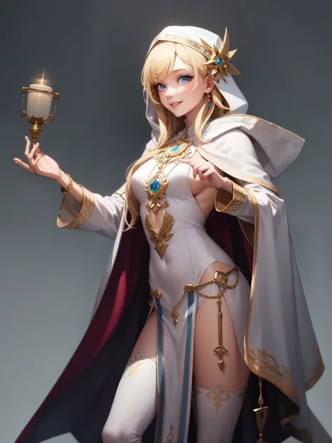 perfect eyes:1.2, detailed eyes:1.4, blonde hair, sidelocks, long hair, brown eyes, fringe, smile, jewelry, priestess, white dress, white clothes, white robe, hood, hair over shoulder, pelvic curtain dress, 1girl, solo, (masterpiece:1.6, best quality),
