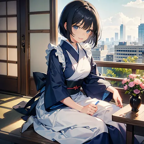 ((1girl,cute,japanese,young,short beautiful black hair,bob cut,beautiful blue eyes)),(solo),(sexy cute maid costume),((masterpiece, highest resolution,best quality)), (beautiful illustration), (looking at the viewer), innocent smile,beautiful modern maid c...