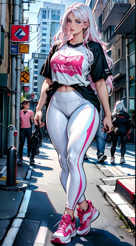 photorealistic, high resolution, 1women, shining skin, solo, pink lips, (long white hair, blue eyes), closed mouth, street wear, t-shirt, leggings, sneakers, thick thighs, muscular legs