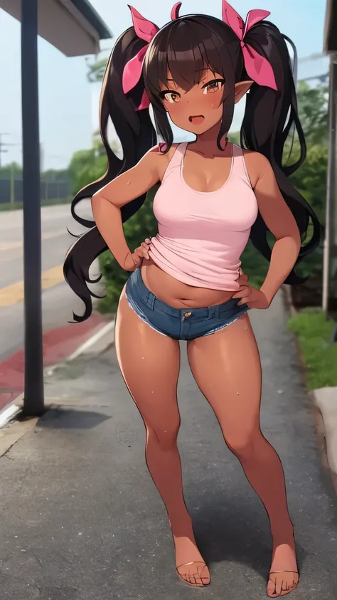 2D，highest quality，(masterpiece)，(full body)，semi-long，twin tails，brown hair，wavy hair，(Pink tied ribbon)，1 girl，young，small ears，healthy dark skin，sunburn，(denim hot pants)，pink tank top，barefoot，flip flops，big breasts，(attractive thighs)，butt，Plump figur...