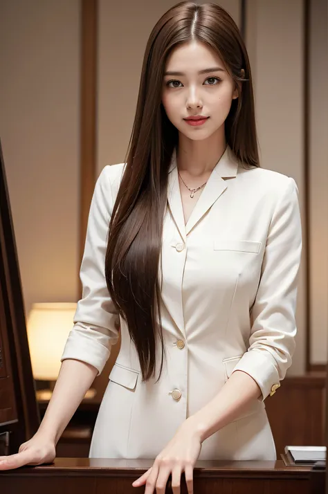 highest quality, masterpiece, 8K, ultra high resolution, (realistic: 1.4), 1 girl, beautiful face, symmetrical eyes, big, perfect body proportions, ((long hair))、((brown hair)), secretary、(luxury business suits)、the gaze of the beholder, (president&#39;off...