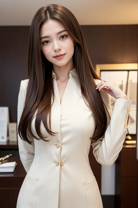 highest quality, masterpiece, 8K, ultra high resolution, (realistic: 1.4), 1 girl, beautiful face, symmetrical eyes, big, perfect body proportions, ((long hair))、((brown hair)), secretary、(luxury business suits)、the gaze of the beholder, (president&#39;off...