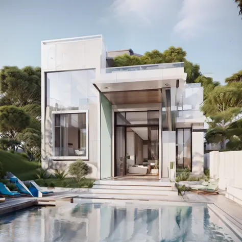 Organic modern architecture on a fairly large plot, There is a swimming pool in the middle of a large one-story house, cor da casa em vigas marrom chocolate e preto, large modern residence, telhados planos e jardim, render luxcore, render oktane, a photore...
