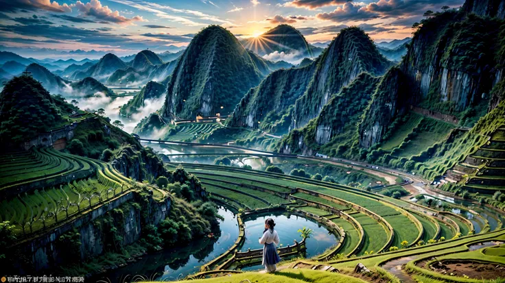 ((a beautiful picture depicting a vietnamese hometown)), the focus of the scene is on a field with steps leading up to a stairca...