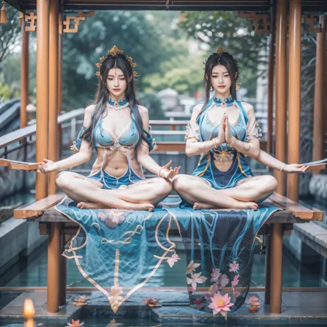 Naked nude tantric female Guanyin，The whole body is drenched in sweat, Detailed face, Sitting cross-legged on the lotus platform with flowers and meditating, （She clasped her hands together），It&#39;s raining heavily around you, Symbolizes peace and relaxat...