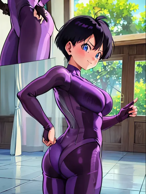 forest,videl,1 girl,alone,((bright purple tight suit,:1.5)),barefoot,big breasts,smile,blush,Research room,bare hands,best image quality,highest quality,Are standing,((1 girl:1.4)),please open your mouth wide,classroom,butt,Back view,black hair,blue eyes,b...