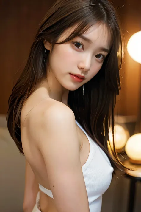 highest quality,live-action,whole bodyが映る、To the tips of the feet、model standing、butt、back、half of the face is visible、fine skin,beautiful breasts, long brown hair, 8K highly detailed face,straight hair、 perfect face shape,absolutely perfect lips,whole bod...