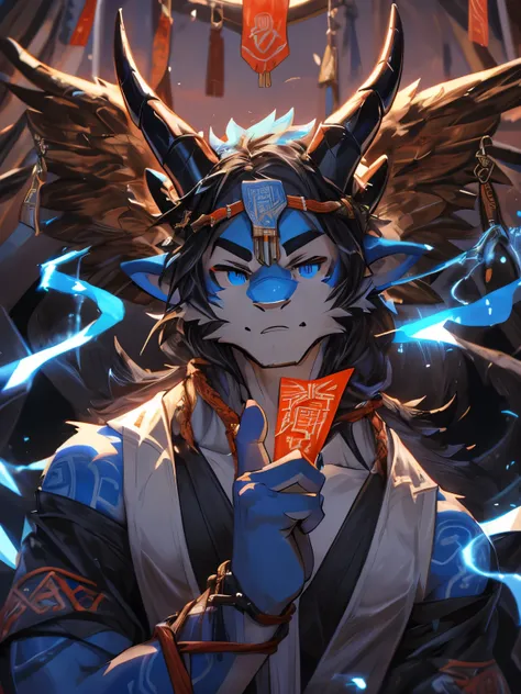 (best quality, 8k, highres, masterpiece:1.2), ultra-detailed, realistic:1.37, dragon, male, ((blue skin)), ((red tribal tattoos scattered across body)), horns on the head, dragon wings on the back, young, muscular, sorcerer, ((fingers holding a talisman:1....