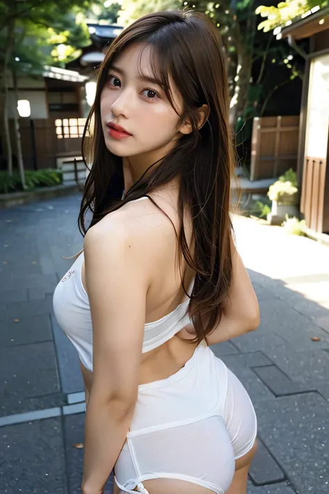 highest quality,live-action,whole bodyが映る、To the tips of the feet、model standing、butt、back、half of the face is visible、fine skin,beautiful breasts, long brown hair, 8K highly detailed face,straight hair、 perfect face shape,absolutely perfect lips,whole bod...