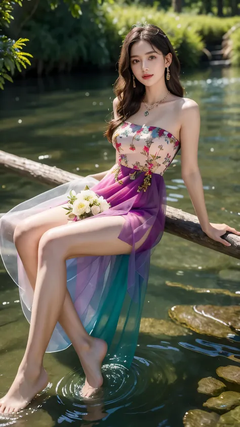 8K, ultra hd, masterpiece, very realistic, 1 girl, good face, very long hair, detailed eyes, detailed lips, super round medium breasts, Short Strapless Tulle Beads Prom Dress Green Mini Elegant 3D Flowers, ((pink,red,blue,black,green,meroon,purple,yellow c...