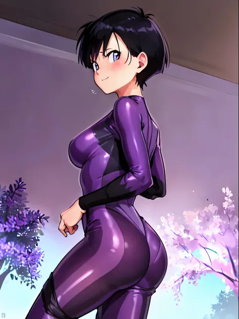 forest,videl,1 girl,alone,((bright purple tight suit,:1.5)),barefoot,big breasts,smile,blush,Research room,bare hands,best image quality,highest quality,Are standing,((1 girl:1.4)),please open your mouth wide,classroom,butt,Back view,black hair,blue eyes,b...