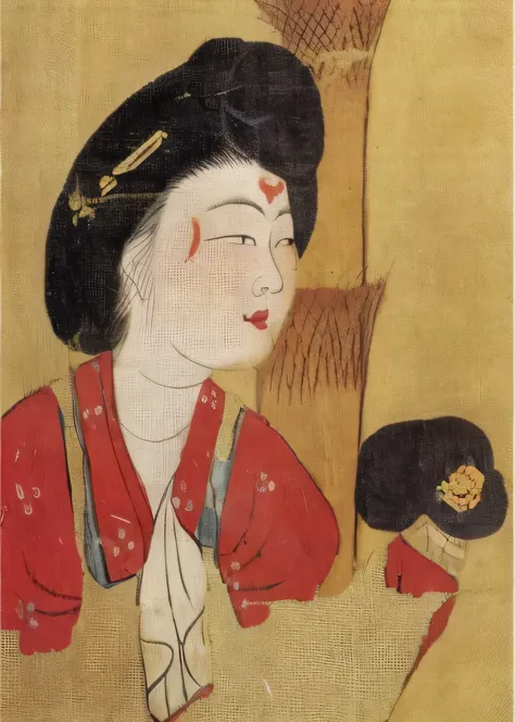 a close up of a painting of a woman with a fan