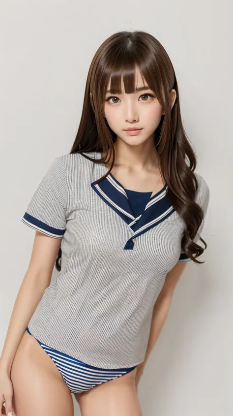 anna_girl, japanese_girl, 18 year old girl, (((japanese high-school uniform:1.1), ((panties with fine stripes)), from below)), realistic photo, Highly detailed face and skin texture, natural neck length, (Dark brown hair, wavy hair, high ponytail hair:1.2)...